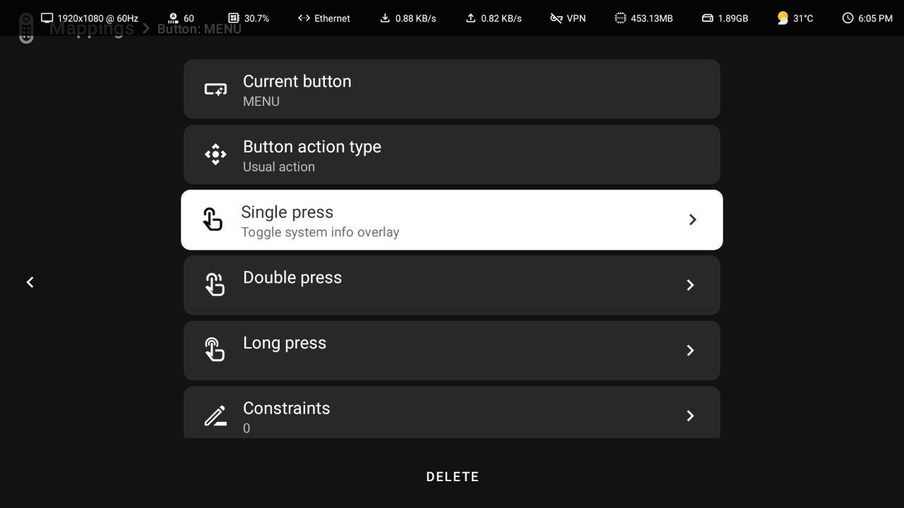 Button configuration screen showing Single press assigned to Toggle system info overlay