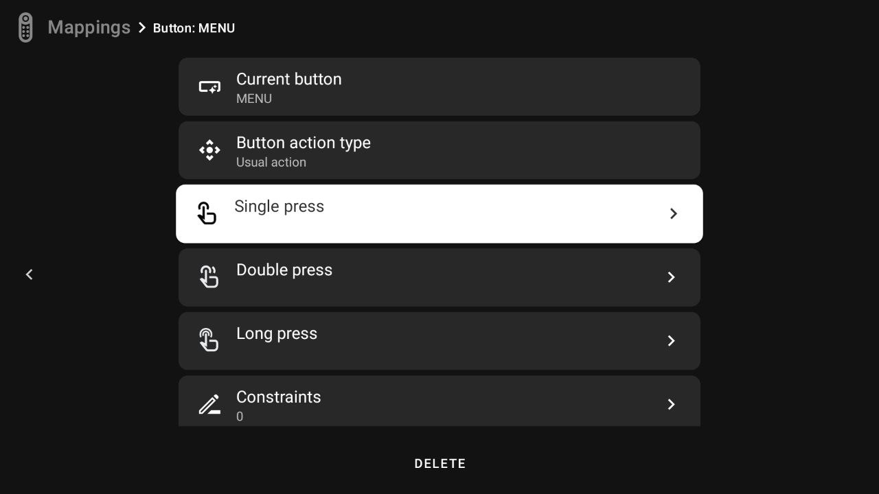 Button configuration screen showing Current button set to MENU, action type Usual action, and Single press / Double press / Long press options