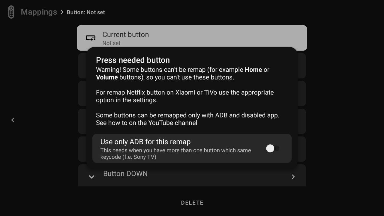 Dialog prompting the user to press the button they want to remap