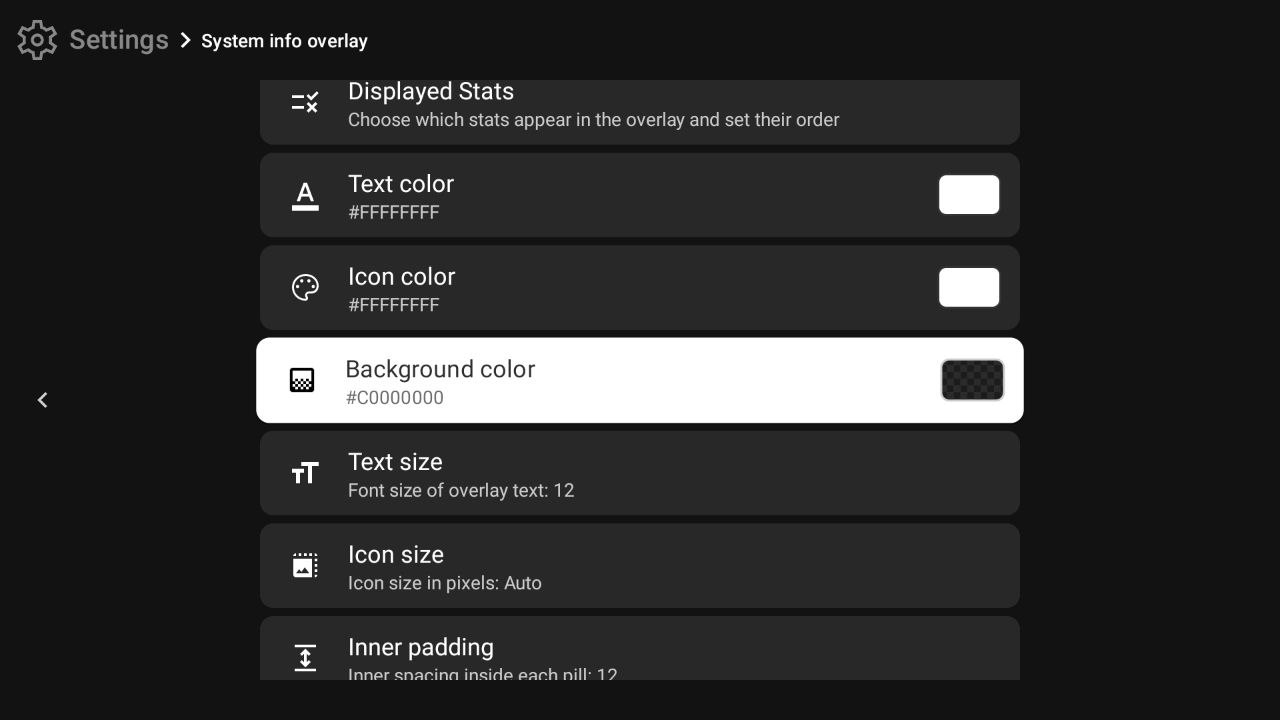 Settings screen showing Text color, Icon color, Background color, Text size, Icon size, and Inner padding