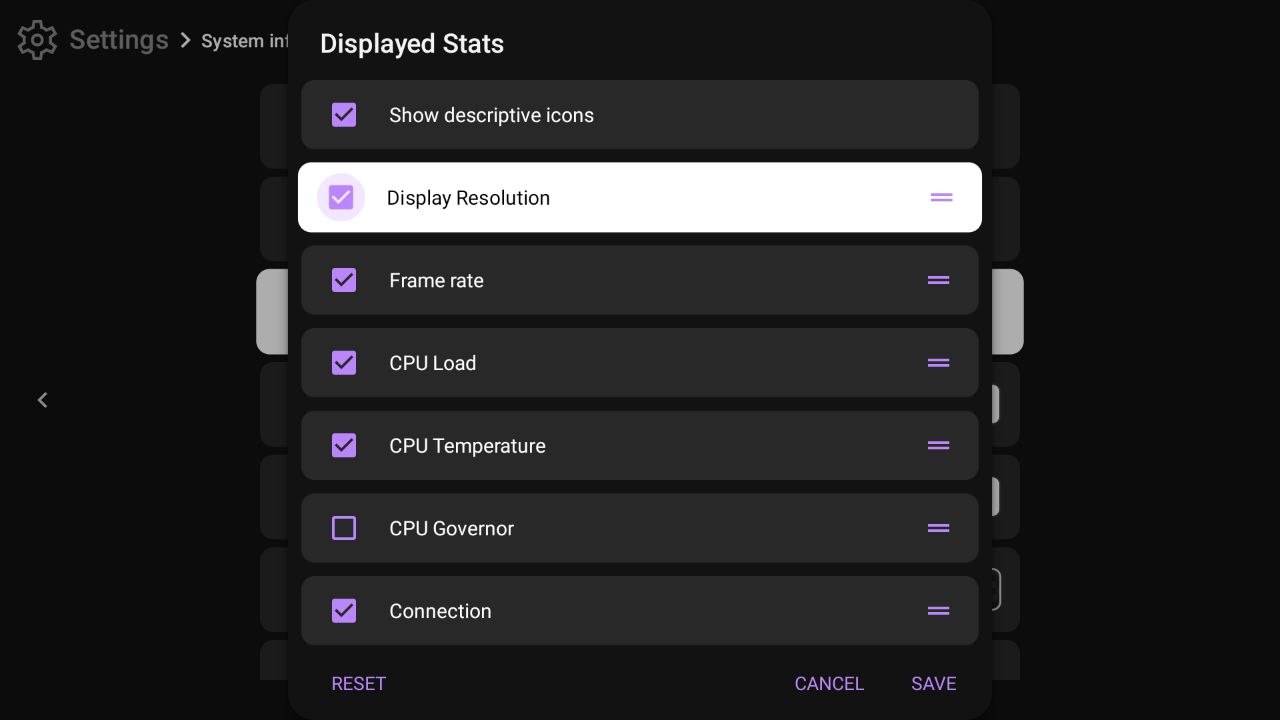 Displayed Stats dialog showing a reorderable list of stats with checkboxes and drag handles