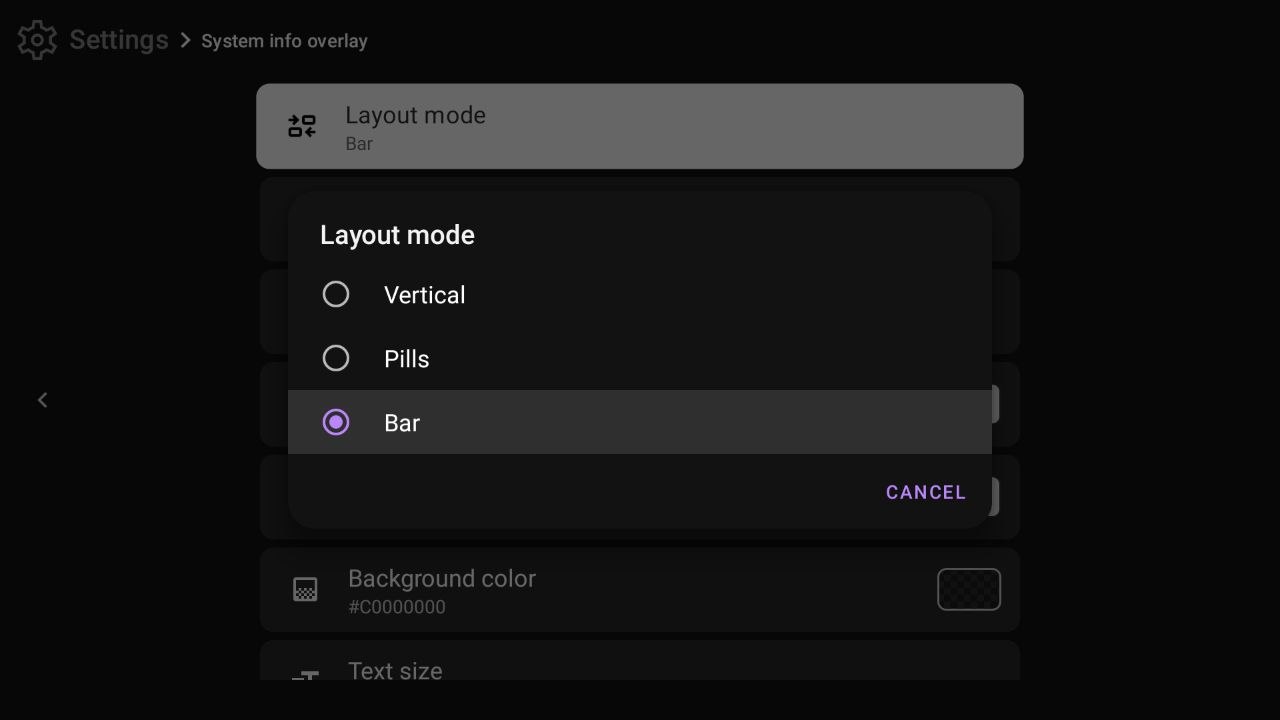 Layout mode selector showing Vertical, Pills, and Bar options