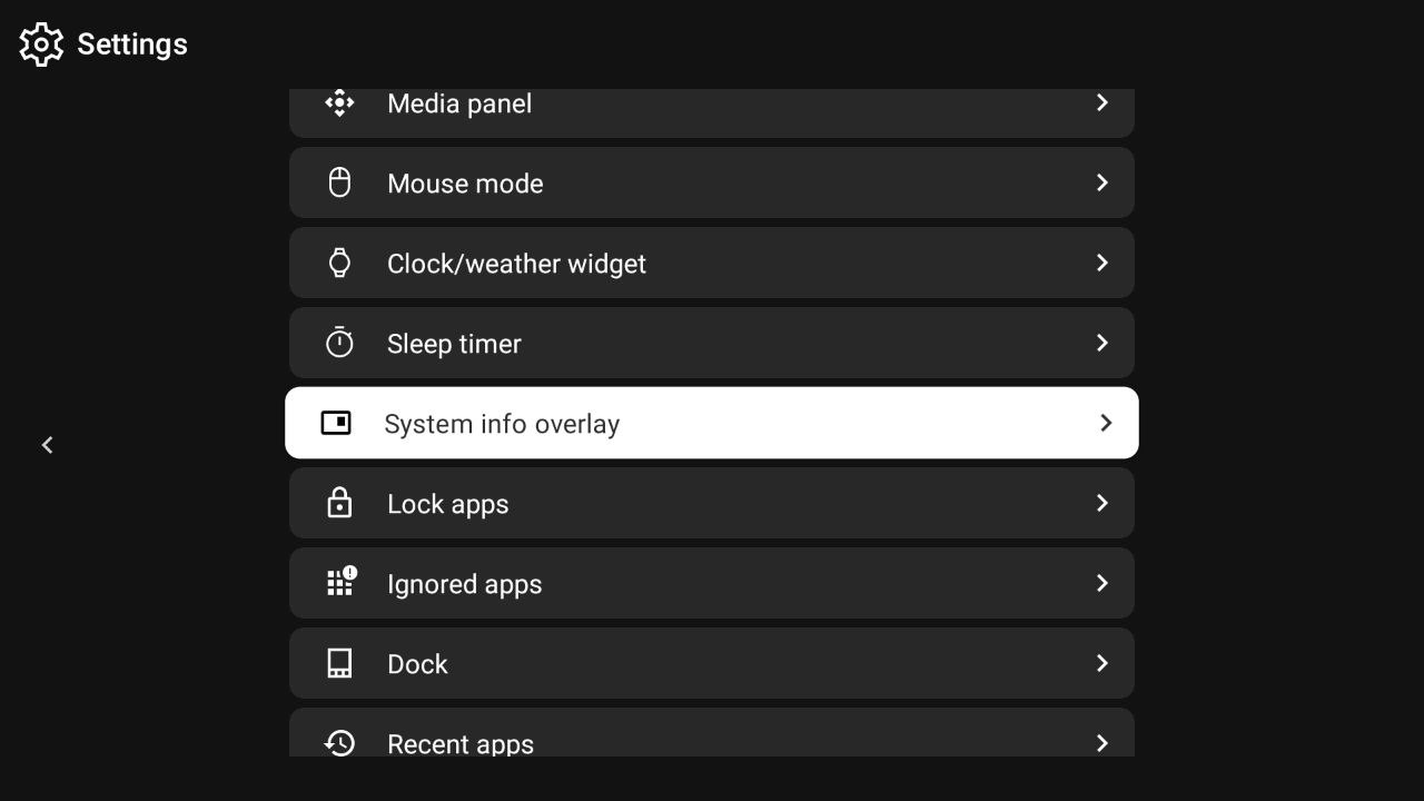 Main Settings menu with System info overlay highlighted