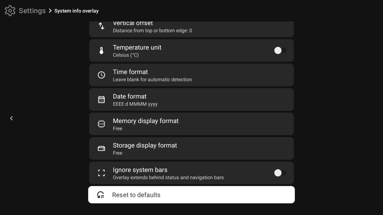Settings screen showing Memory display format, Storage display format, Ignore system bars and Reset to defaults