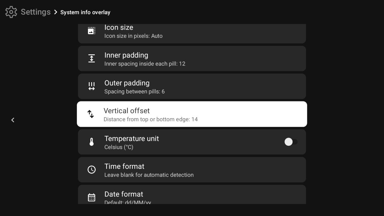 Settings screen showing Outer padding, Vertical offset, Temperature unit, Time format, and Date format