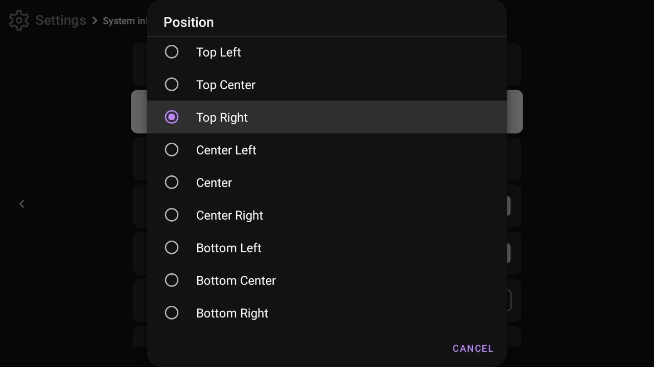 Position selector showing a 3×3 grid of screen positions